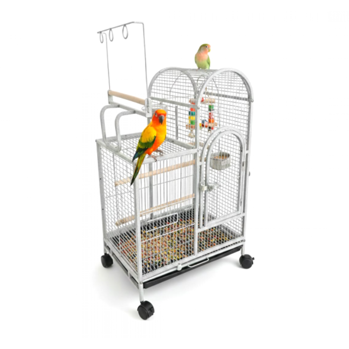 Large White Bird Cage with Play Top & Wheels, 105cm Tall Wrought Iron ...